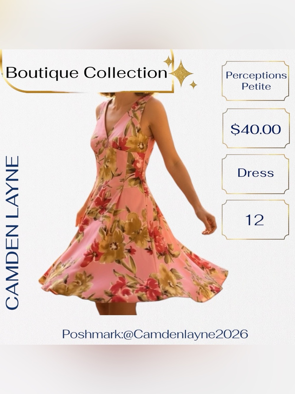 Perceptions Pink with Gold, Red and Green A-Line V-Neck Cocktail Dress - Picture 6 of 11